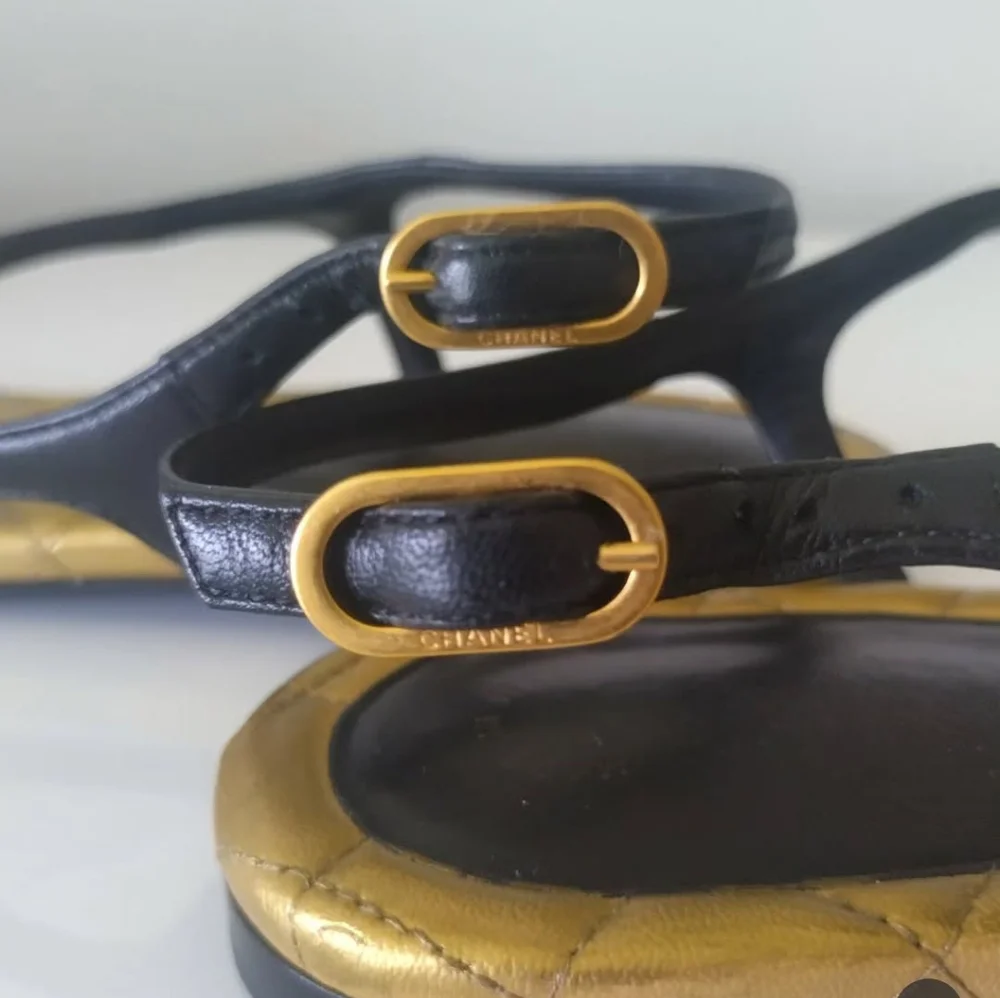 Chanel Black Gold CC Thong Flat Sandals - Picture 7 of 14